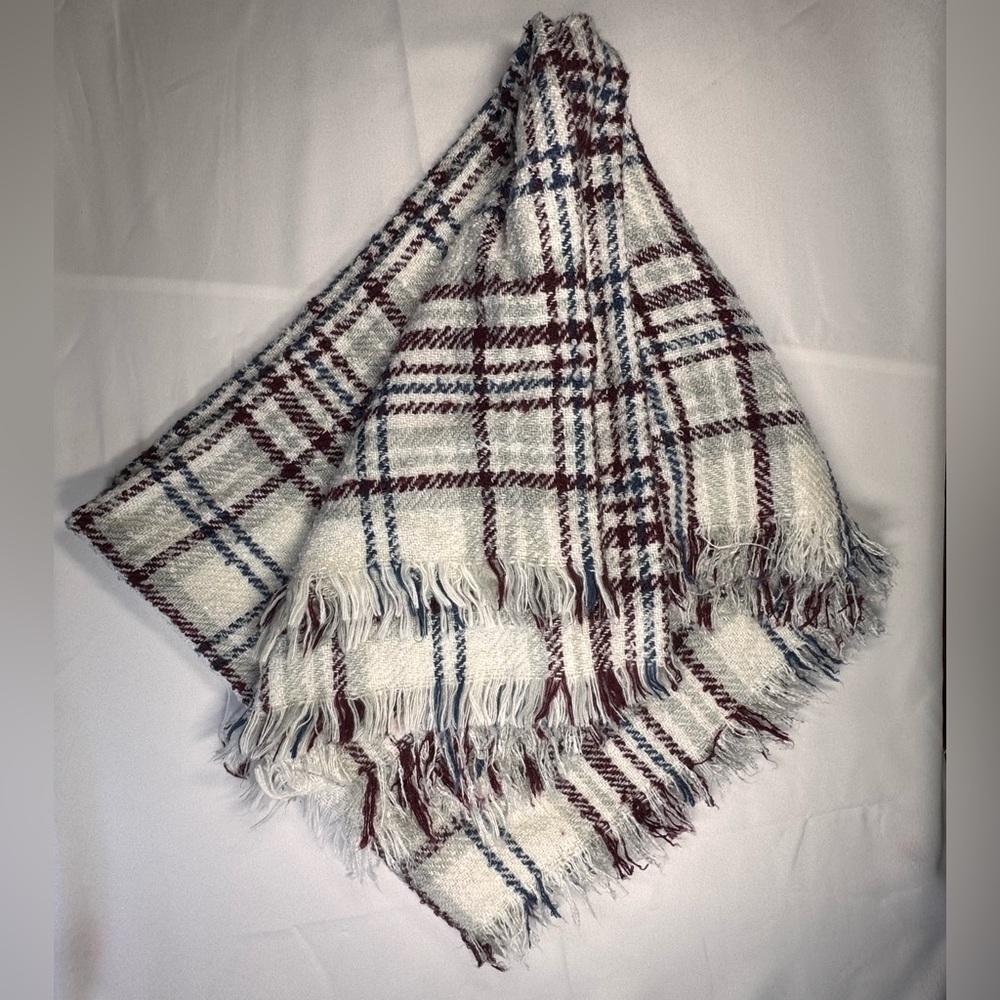 Free People Plaid Blanket Scarf Oversized Fringe Cream Burgundy Blue